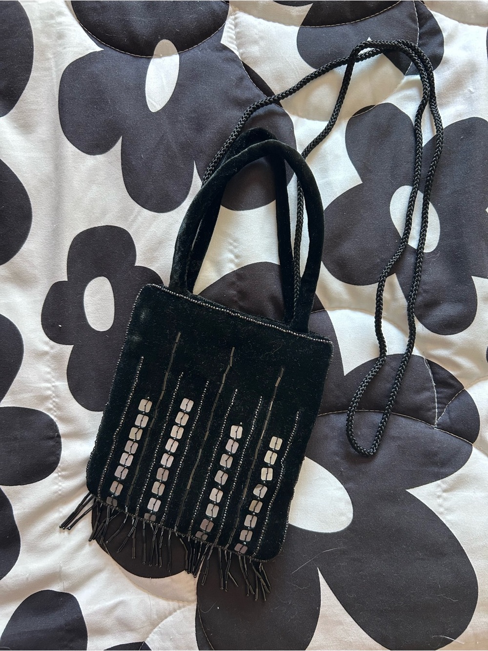 Vintage | black and silver beaded faux velvet mini purse